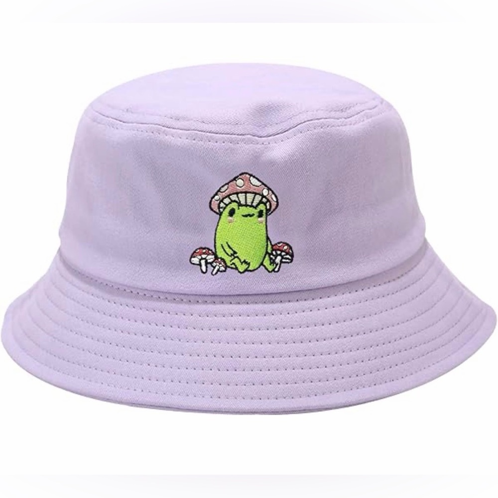 Lavender Frog Mushroom Embroidered Cotton Bucket Hat